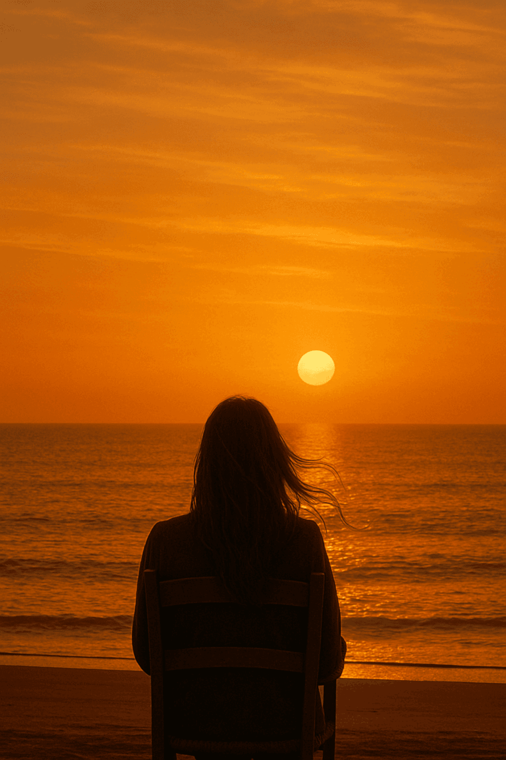 Woman with flowing hair sitting in chair on beach, silhouetted against golden sunset with shimmering reflections on ocean water