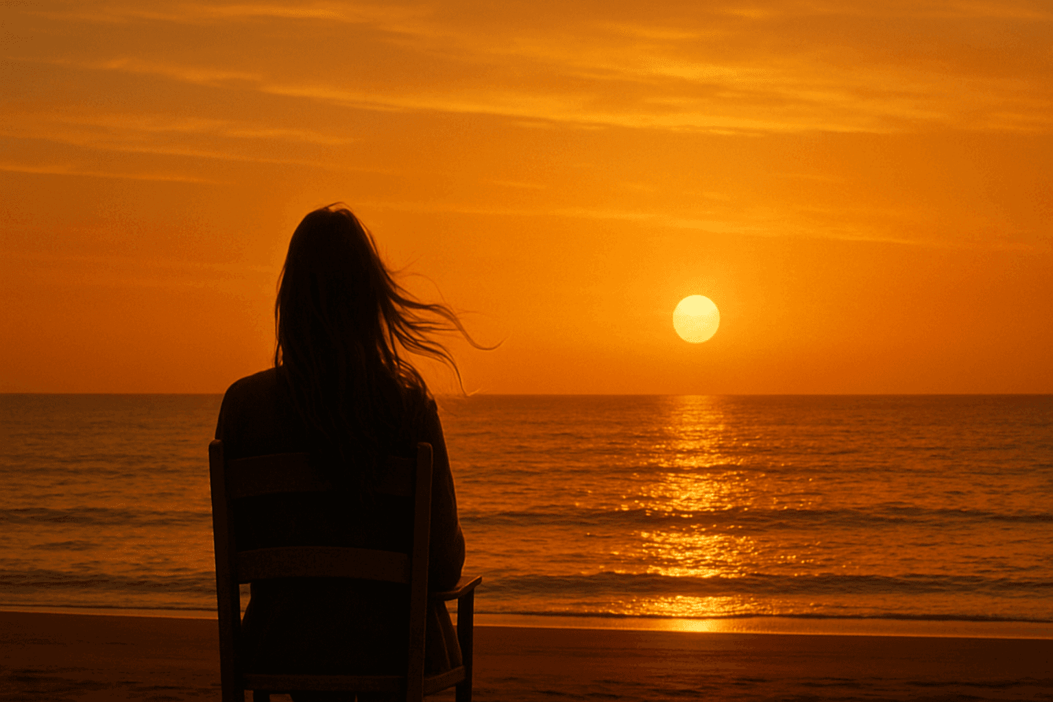 Woman with flowing hair sitting in chair on beach, silhouetted against golden sunset with shimmering reflections on ocean water