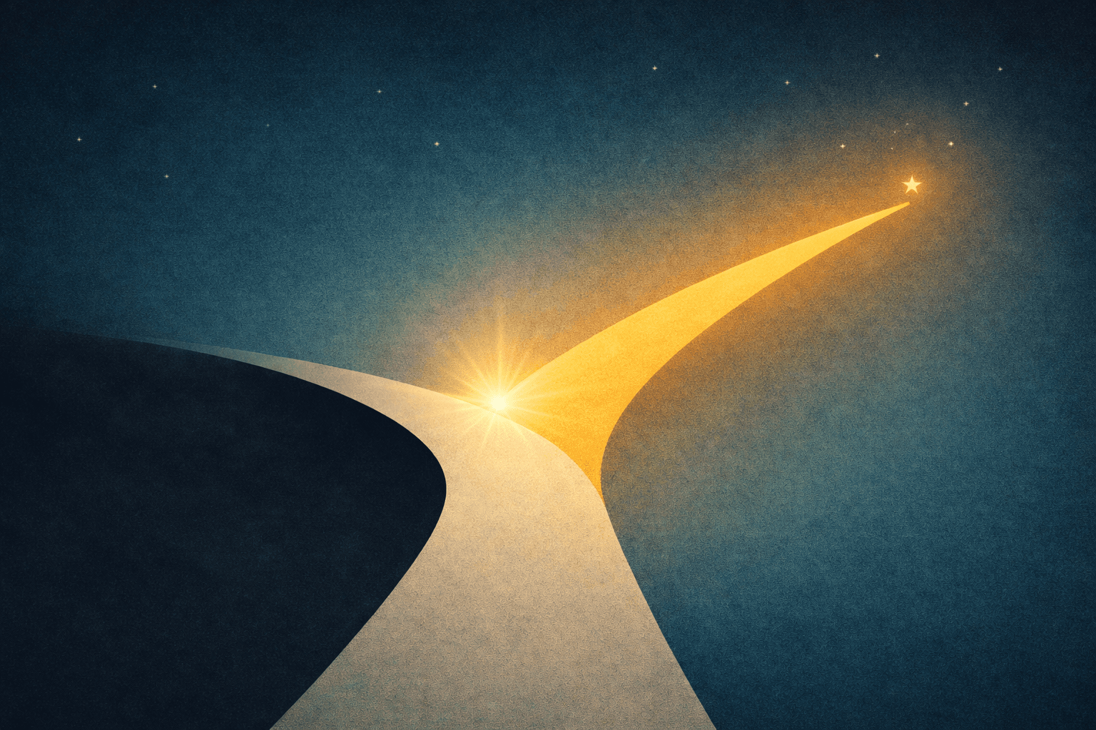 Abstract illustration of diverging paths: a cream-colored road splits at a glowing point of light, with one path descending into shadow and the other ascending in gold toward a star, representing the choice between shareholder extraction and shared prosperity