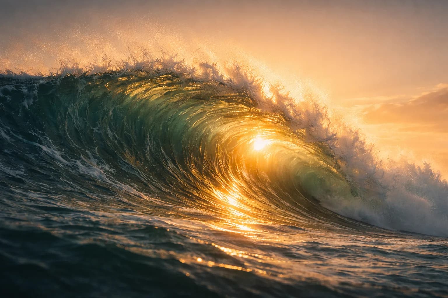 Powerful ocean wave cresting at golden sunrise - The Surge, a movement for shared prosperity