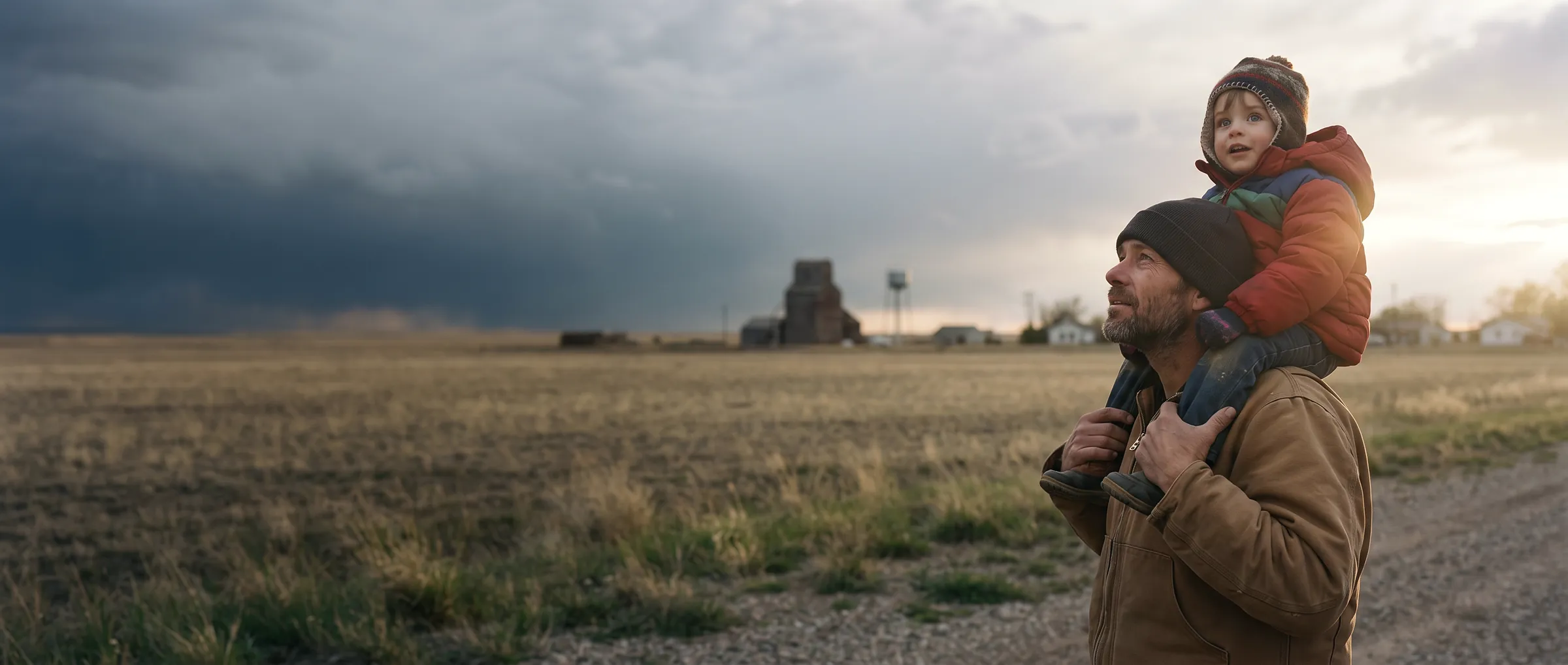 A father in a work jacket carries his young son on his shoulders at the edge of a small prairie town, both looking toward a storm gathering on the horizon.